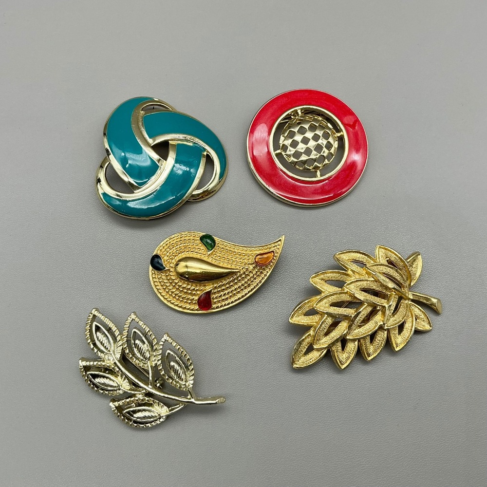 Vintage Brooch Pin Lot Women Gold Tone Enamel Leaf Geometric Abstract Jewelry